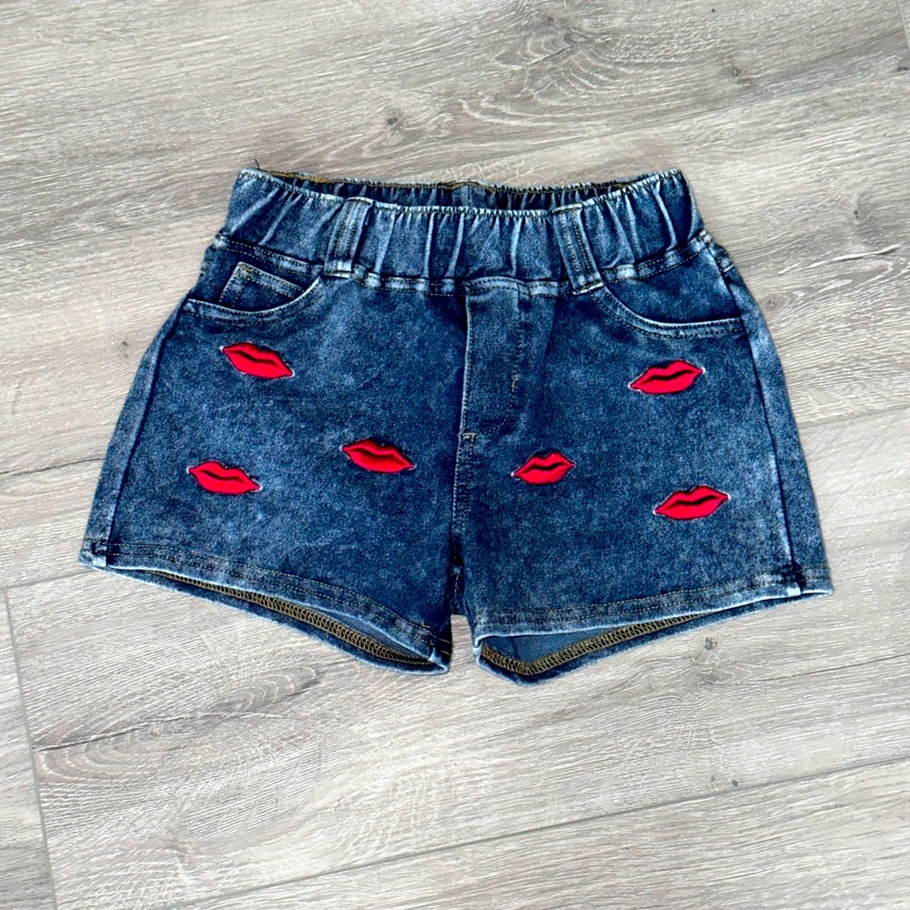 Betsey Johnson Girls Denim Shorts with Embroidered Kisses
